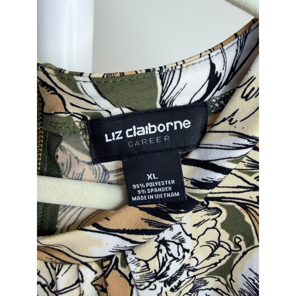 Liz Claiborne Career Olive Green Floral Pleated Neck Blouse XL Gold Zipper Top - Picture 5 of 6